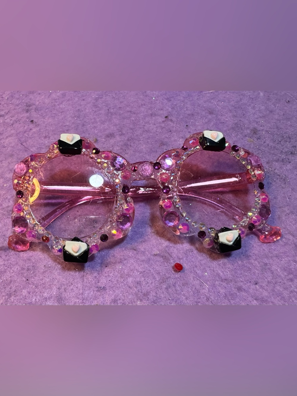 Pink Jeweled Rhinestone flower shaped Statement sunglasses with purse charms